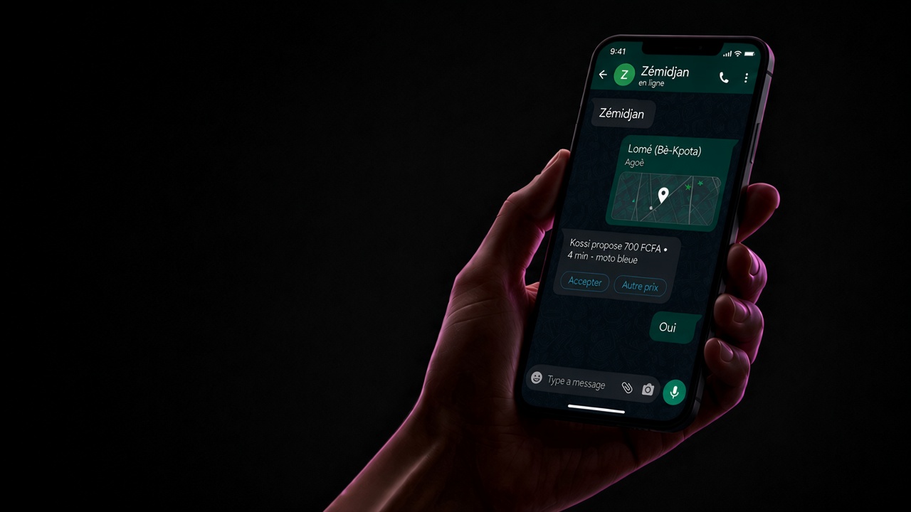 Course Zémidjan dans WhatsApp, sur un téléphone à Lomé